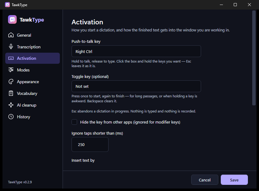 TawkType Activation settings